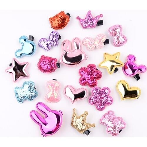 20Pcs/lot Cute Hair Clip PU Hairpin Flower Star Bow Kids Barrettes Girls Cartoon Sparkling Hair Accessories Animals Hairpins