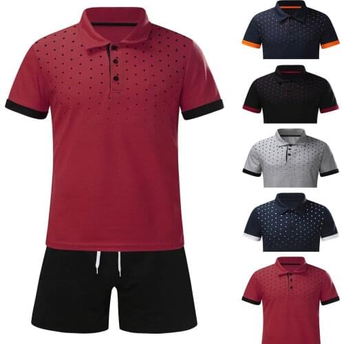 52# Men’s Summer Tracksuit Sets Business 2-piece Casual Clothes Dot Printed Short Sleeve Shirts Shorts Pants Sets Jogging Set