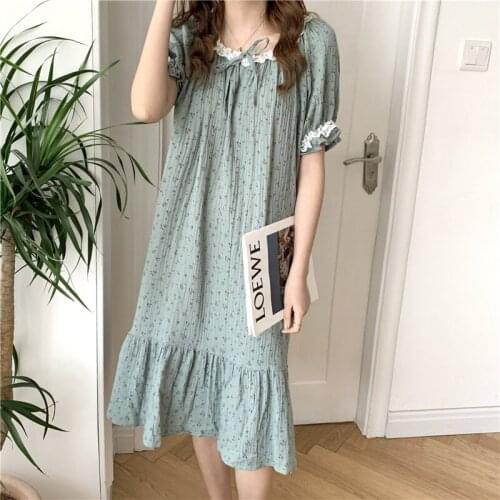 Cherry Print Summer Nightgown Women Bow Collar Short Sleeve Sleepwear Soft Kawaii Cotton Homewear Sakura Print Home Clothes
