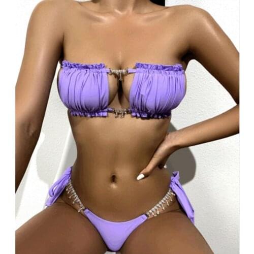2021 New Bandeau Bikini Crystal Chain Swimwear Two Piece Ruffle Wrinkle Swimsuit Strapless Bathing Suit Cut Out Shiny Bikinis