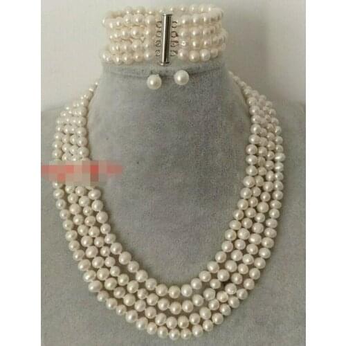 Genuine 4 Rows 7-8mm White Freshwater Cultured Pearl Necklace Bracelet Earrings