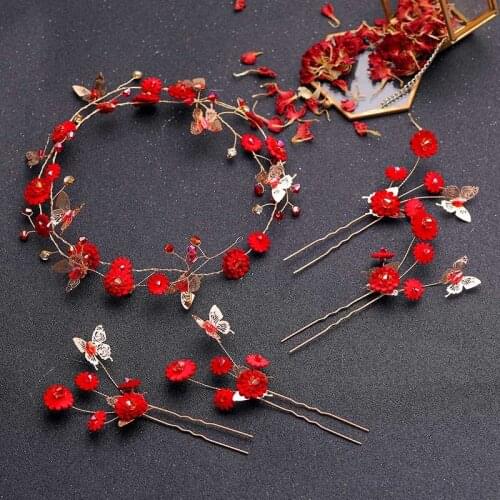 Red Flowers Headband Hairpins Clip Earring with Tassel Set Handmade Chinese Style Hairband Bridal Wedding Hair Accessor BN