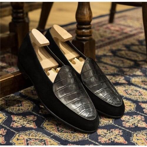 SHOOEGLE Fashion Crocodile Pattern and Suede Patchwork Men Loafers Smoking Men Moccasins Flats Formal Wedding Dress Shoes Man