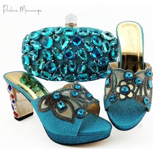 Italian Design Lastest Nigerian Party Wedding Sky Blue Color Ladies Shoes and Bag Set Decorated With Colorful Rhinestone