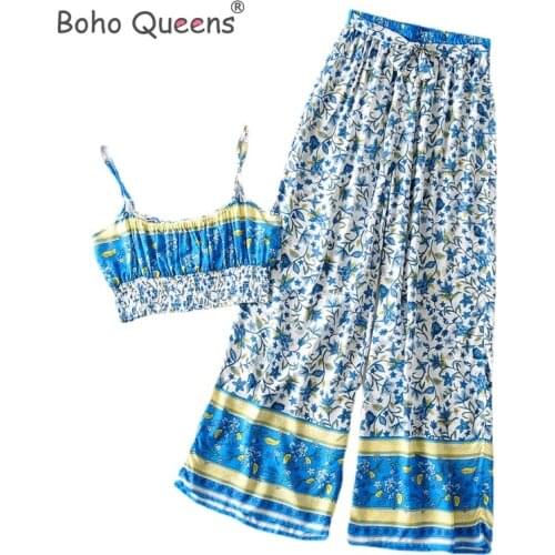 Boho Queens Vintage Women two piece outfits strap Sleeveless tops Bohemian sashes pants 2 pieces rayon cotton Boho sets