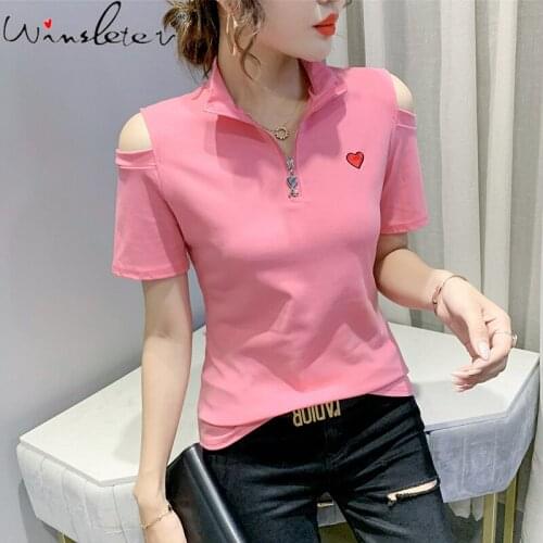 Pink T-shirt Women Stand Collar Zipper Off-shouler Embroidery Slim Stretchy Cute Casual Tops Tees Short Sleeve Summer T17616A