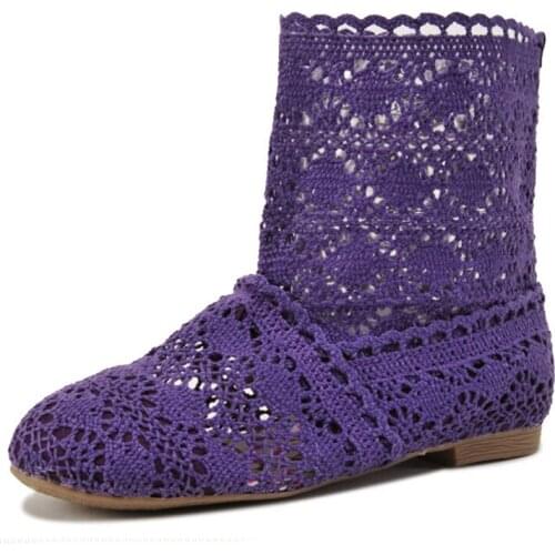 EU41 Women Fashion Summer Boots 2019 New Cutouts Hand Knitted Slip On Shoes Woman Casual Ankle Boots Breathable Flats KM1518