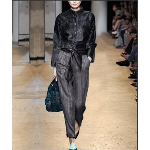 See Orange 2018 Spring High Quality Black PU Leather Jacket Pants Suit Women Casual OL Two Piece Sets SO6670