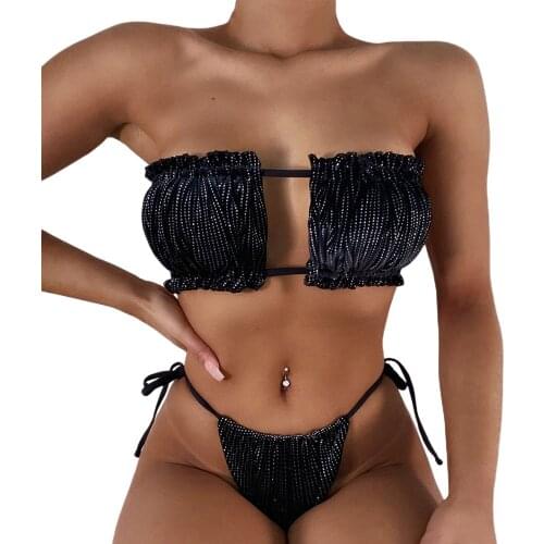 Women Solid Color 2Pcs Bikini Suit Swimming Wear Hollow Drawstring Strapless Bandage Tops with Side Tie Bottoms