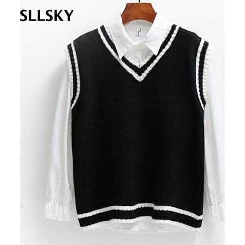 SLLSKY College Style Patchwork Women Vest Autumn Short Knitted Student Pullovers V-Neck Sleeveless Silm All-match Sweater Vest