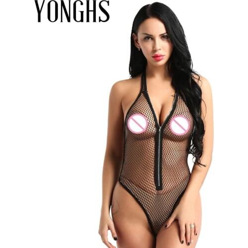 Womens Lingerie Bodysuit See Through Fishnet Exotic Sex Costume Mesh Halter Neck Zip Up Hot Sexy Thong Bodysuit Nightwear