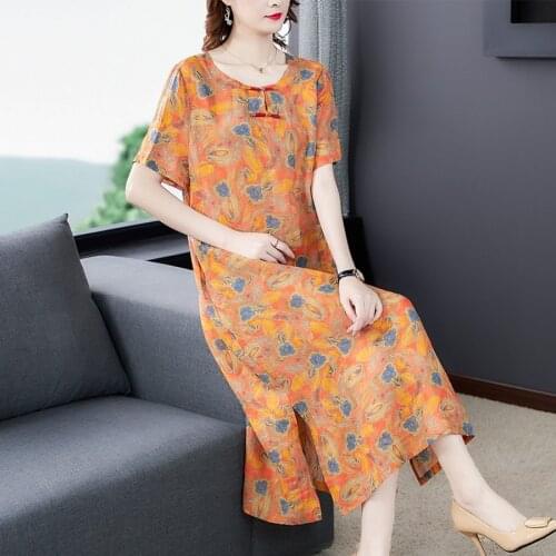 2021 Elegant Female 4XL Plus Size Sundress Summer Orange Print Mulberry Silk Vintage Midi Dresses Party Bodycon Runway Vestidos