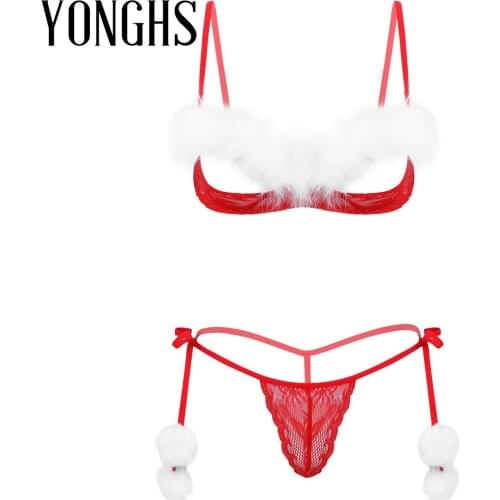 Womens Sheer Lace Christmas Sex Lingerie Set Spaghetti Shoulder Straps Open Cups White Feather Trim Bra Top with G-string Briefs