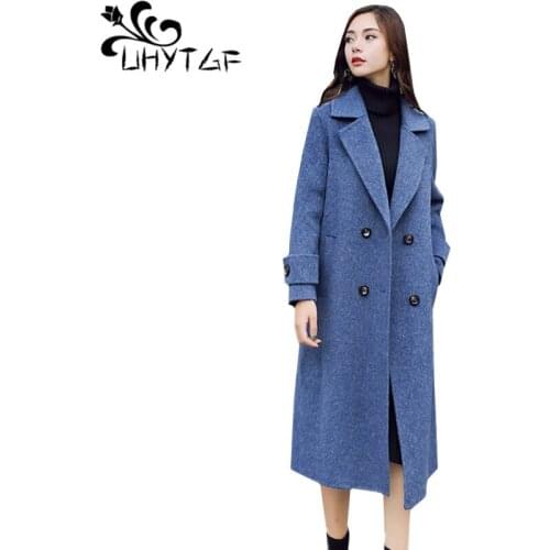 UHYTGF female winter coat elegant woman long Woolen jacket Double-breasted casual autumn woolen coat Loose 2XL plus size top 764