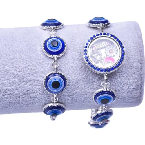 5pcs/Lot Lucky TurkishBlue Evil Eye Glass Memory Locket Pendant Charms Bracelet Handmade Men Women Bangle Jewelry Wholesale