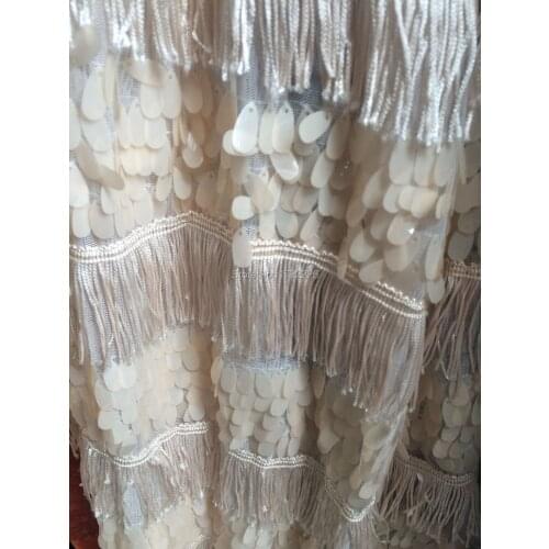 New light beige fringe sequin paillette tassels sequin tulle net mesh fabric, 5yards/lot