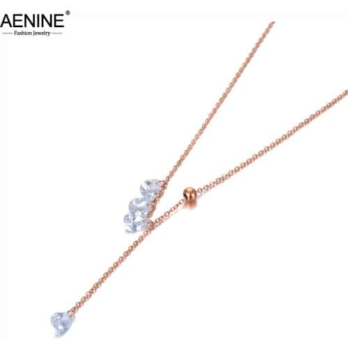 AENINE Trendy Office Style Stainless Steel Water Drop CZ Crystal Choker Necklace Rose Gold Pendant Necklace For Women AN20109