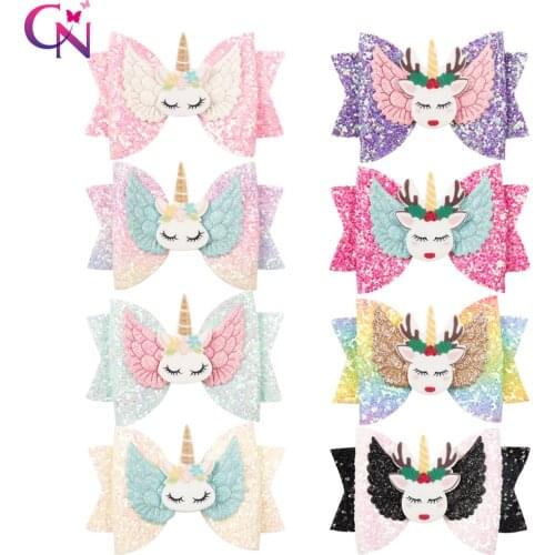 CN Hair Accessories 3" Cute Unicorn Hair Bows With Clips For Girls Kids Glitter Wings Hair Clip Bows Candy Color Rainbow Hairbow