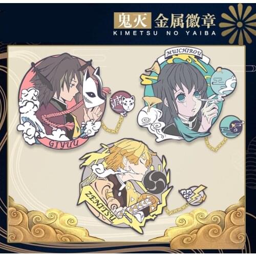 Anime Metal Chain Badge Demon Slayer Kimetsu no Yaiba Agatsuma Zenitsu Tomioka Giyuu Button Brooch Pin Souvenir Medal Props