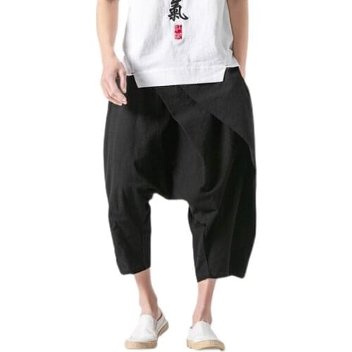 Summer Men Streetwear Harem Pants Mens Joggers Retro Drop Crotch Baggy Trousers Male Cotton Linen Chinese Style Cropped Pants