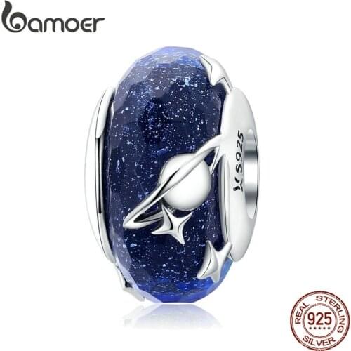 Bamoer Nighty Sky Murano Glass Beads for Women 925 Sterling Silver Galaxy Star Charm fit Original Silver Snake Bracelet SCC1284