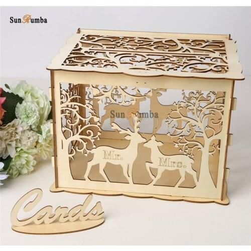 Wood DIY Wedding Keepsake Box Party Decor Wedding Gift Card Holder Box Wooden Money Box With Lock Carving Wedding Decoration