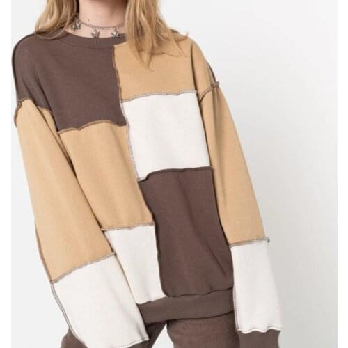 Dourbesty Brown Beige Patchwork Contrast Sweatershirts Spring Autumn O-neck Pullovers Oversized Loose Styles 90s Vintage Clothes