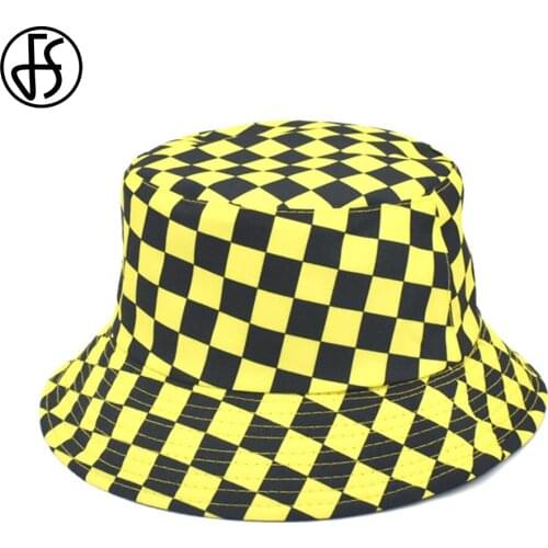 FS 2021 Fashion Summer Yellow Pink Plaid Bucket Hats For Women Men Hip Hop Fisherman Hat Double-sided Streetwear Panama Sun Cap