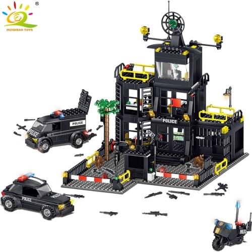 HUIQIBAO 739Pcs City Police Station DIY Building Blocks Special Police Forces Figures Patrol Wagon Weapon Bricks Toys Children