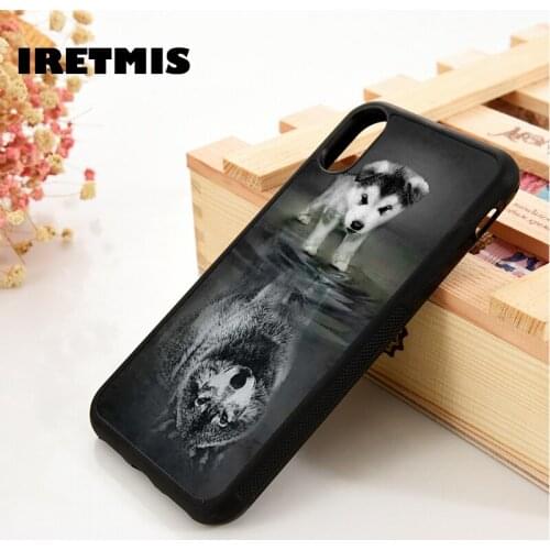 Iretmis 5 5S SE 6 6S phone case for iPhone 7 8 plus X Xs 11 Pro Max XR Husky Puppy Dog Reflective Majestic Powerful Wolf Water