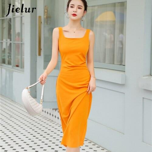 Jielur Square Collar Orange Black Dress Female Chic Elegant Package Hip Dress Skinny Sexy Temperament Lady Camisole Dresses New