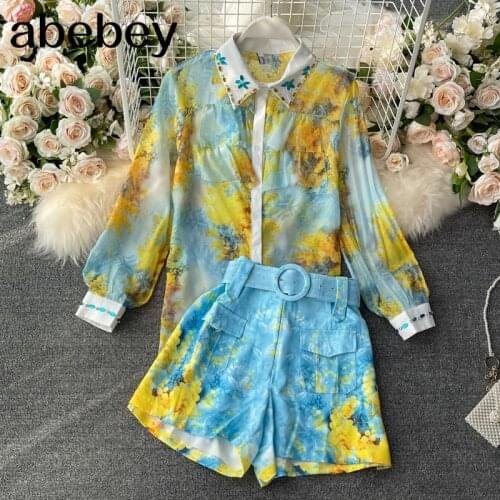 2021 New Summer Fashion turn-down collar long sleeve single breasted Shirt + high waist lace up print Shorts two piece set