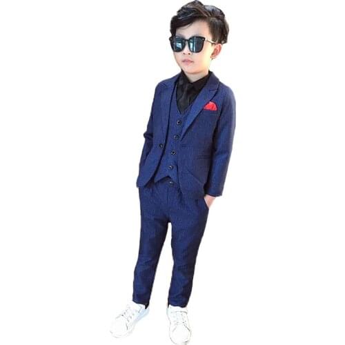 Children Formal Striped Dress Suit Set Flower Boys Wedding Party Piano Performance Costume Kids Blazer Vest Pants Outfits