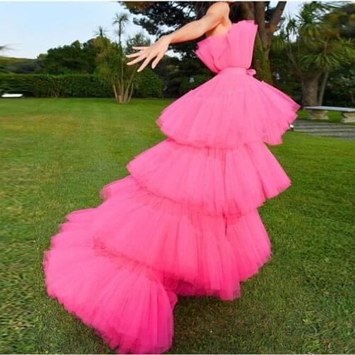 Fashion Hot Pink High Low Tulle Prom Gowns Ruffles Tiered Long Formal Party Dress Custom Made Women Dress Summer Vestidos