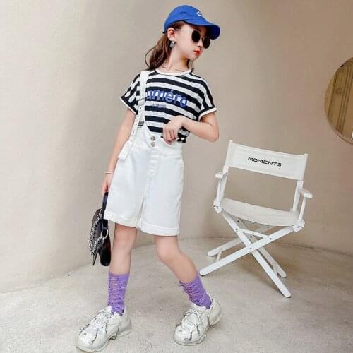 Fashion Black White Stripe Short Overalls For Girls Age 5-12 Teens Girl Short Suspender Bib Pants For Summer High Quality