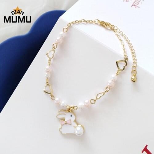 New Faishion Sweet Lolita Girl Jewelry Accessories Rabbit Pendant Pearl Chain Bracelet For Women Gifts Chain Bracelets Jewelry