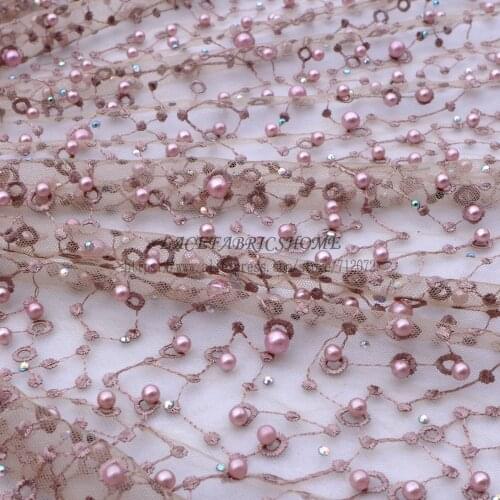 New fashion style metallic stones pearls high grade on netting embroidered wedding dress/evening/show dress lace fabric by yard