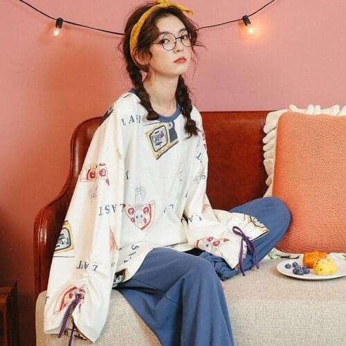 Womens Pajamas Set Spring Loose Cute Ins Tide Long-sleeved Large Size Can Be Worn Outside Home Service Suit Pijama Women Cotton