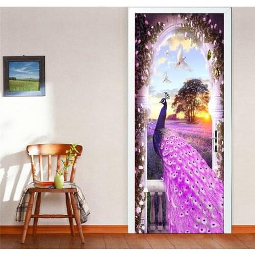 PVC Door Sticker Modern Purple Peacock Dream Lavender 3D Wallpaper Living Room Bedroom Home Decor Wall Decals Vinyl Mural Paste