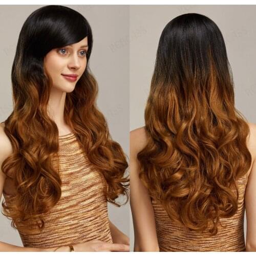 Rebcass Long Wavy Ombre Black Brown Synthetic Wigs for Women Heat Resistant Natural Middle Part Cosplay Party Lolita Hair Wigs