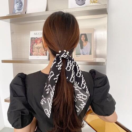 Pear Hair Rope Ladies Fashion Head Accessories Letter Print Ties Bow Satin Girls Elastic Hair Bands Long Ribbon Ponytail Scarf