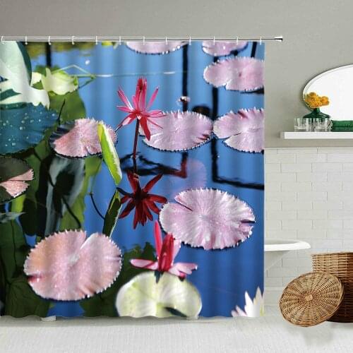Pink Water Lily Lotus Leaf Shower Curtain Summer Green Pond Landscape Nature Photography Bathroom With Hook Waterproof Curtains