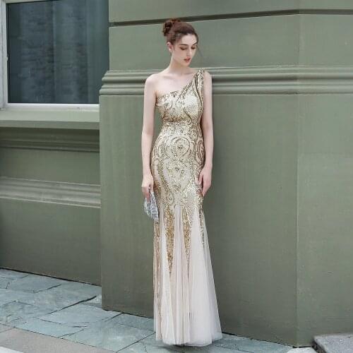 Mermaid One Shoulder Sequined White Evening Gown Backless Gold Elegant Appliques Formal Prom Burgundy Dress for Women Party