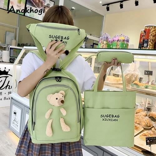 Students Casual Backpack Sets 4 Pieces Set Women Shoulder Bag Doll Decoration Big Capacity Bags ML54