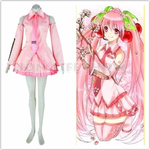 Vocaloid Sakura Miku Cosplay Pink Costume Animation Apparel Red Dress Skirt Necktie Sleeves Free Shipping