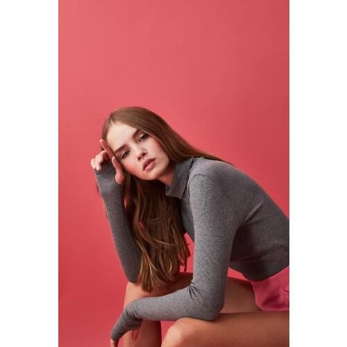 Gray, Turtleneck, Finger Detailed, Ribbed, Knitted Blouse, Women Natural Cotton Woven Fabric, do not Sweat, Casual, Comfortable, Flexible, fashionable