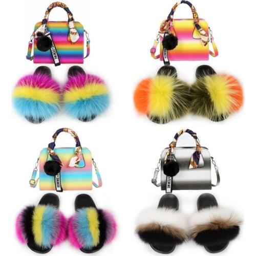 Womens Real Fox Fur Slides Girls Fluffy Fur Slippers Female Luxury Shoes Ladies Furry Flat Sandals Colorful Shoulder Bags Sets