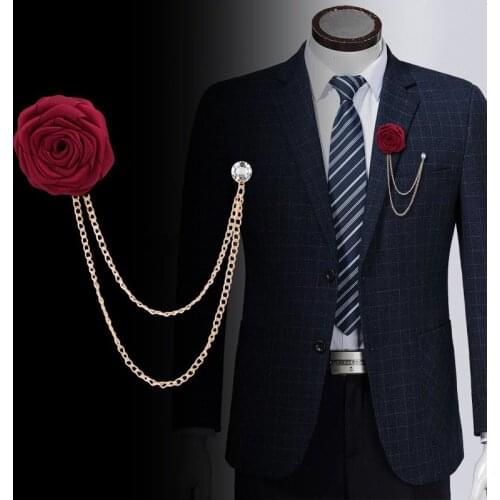 Korean Bridegroom Wedding Brooches Cloth Art Hand-made Rose Flower Brooch Lapel Pin Badge Tassel Chain Mens Suit Accessories