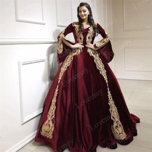 Burgundy Velvet Long Sleeves Karakou Algerian Outfit Mermaid Evening Dresses Appliques Muslim Formal Prom Gowns Vestidos De Gala
