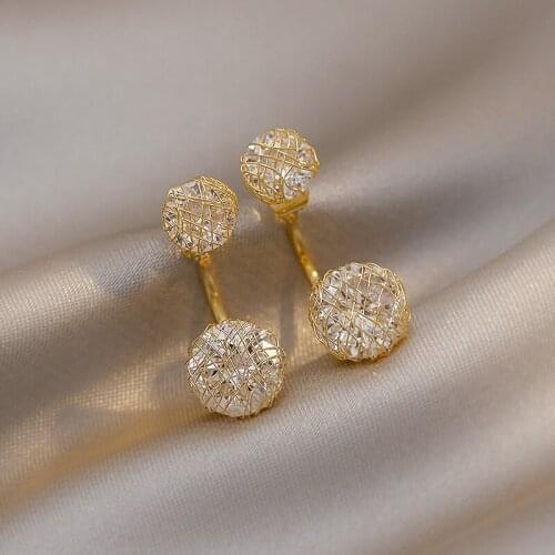 XUFAN Woven Gold Wire Wrapped Round Zircon Back Hanging Earrings Korean Fashion Girls Jewelry Luxury Earrings for Woman
